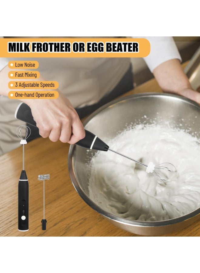Rechargeable Electric Milk Frother USB-C Handheld Foam Maker, 10W High Power, 304 Stainless Steel Whisk, 3-Speed Adjustable, Stainless Steel Whisks for Coffee, Lattes, Cappuccinos – Black - Image 2