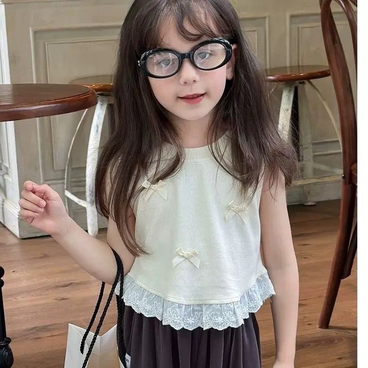 Girls' Korean Style Bow Small Vest Children'S Sweet Stitching Lace Sleeveless T-Shirt Top Trendy - Image 1