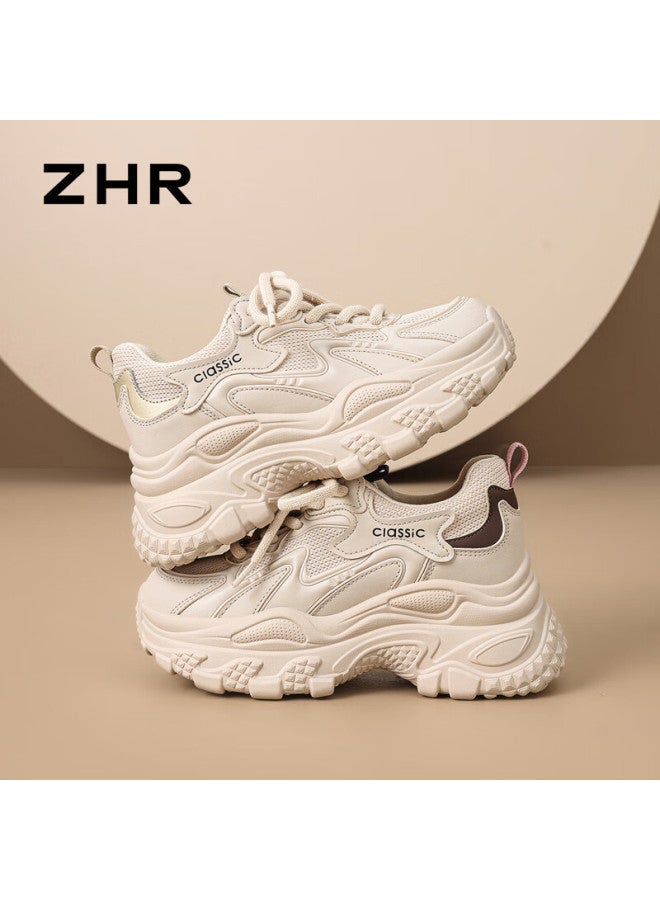 Zhr Thick Sole Platform Dad Shoes For Women, Lightweight Internal Height Increase, Spring And Autumn Casual Simple Versatile Women's Sneakers Ks270 Beige Size 36 - Image 4