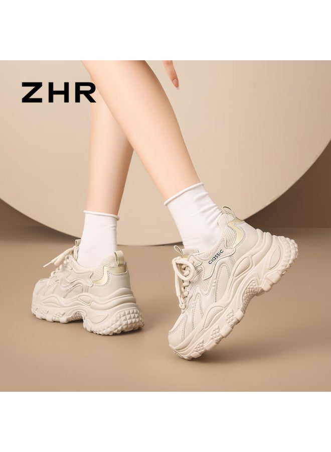 Zhr Thick Sole Platform Dad Shoes For Women, Lightweight Internal Height Increase, Spring And Autumn Casual Simple Versatile Women's Sneakers Ks270 Beige Size 36 - Image 3