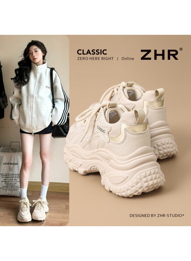Zhr Thick Sole Platform Dad Shoes For Women, Lightweight Internal Height Increase, Spring And Autumn Casual Simple Versatile Women's Sneakers Ks270 Beige Size 36 - Image 1