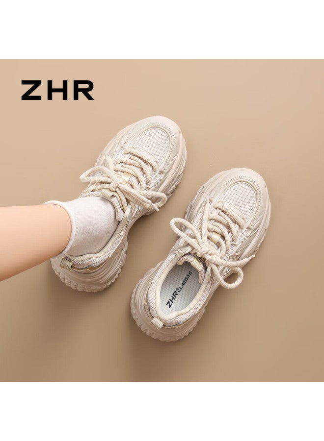 Zhr Thick Sole Platform Dad Shoes For Women, Lightweight Internal Height Increase, Spring And Autumn Casual Simple Versatile Women's Sneakers Ks270 Beige Size 36 - Image 2
