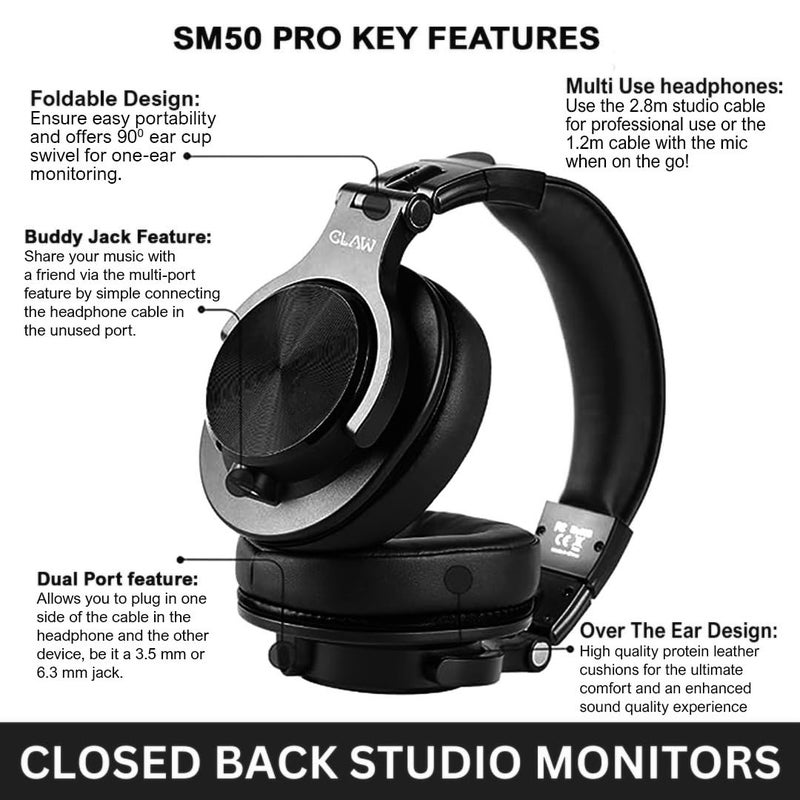CLAW SM50 PRO Professional Studio Monitoring DJ Wired Headphone with Protein Leather Cushions | 2 Detachable Cables (2.8m Coiled & 1.2m Straight Cable with Mic and in Line Control) Black - Image 5