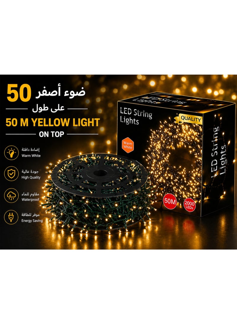 LED String Lights 50M Warm Yellow, Outdoor Fairy Lights, 2000 LEDs, Waterproof Decorative Lights for Garden, Party & Home