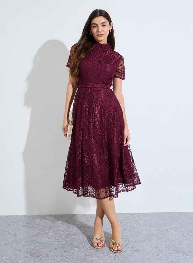 Styli burgundy Maroon Lace A-Line Midi Dress with Tie-Belt for Women | Best Price UAE