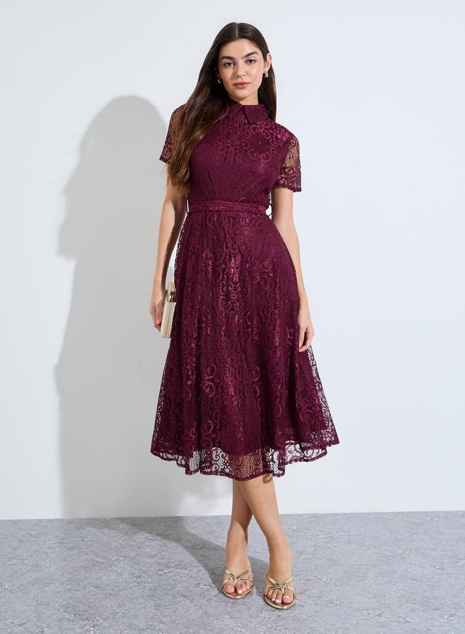 Styli Maroon Lace A-Line Midi Dress with Tie-Belt - Image 3