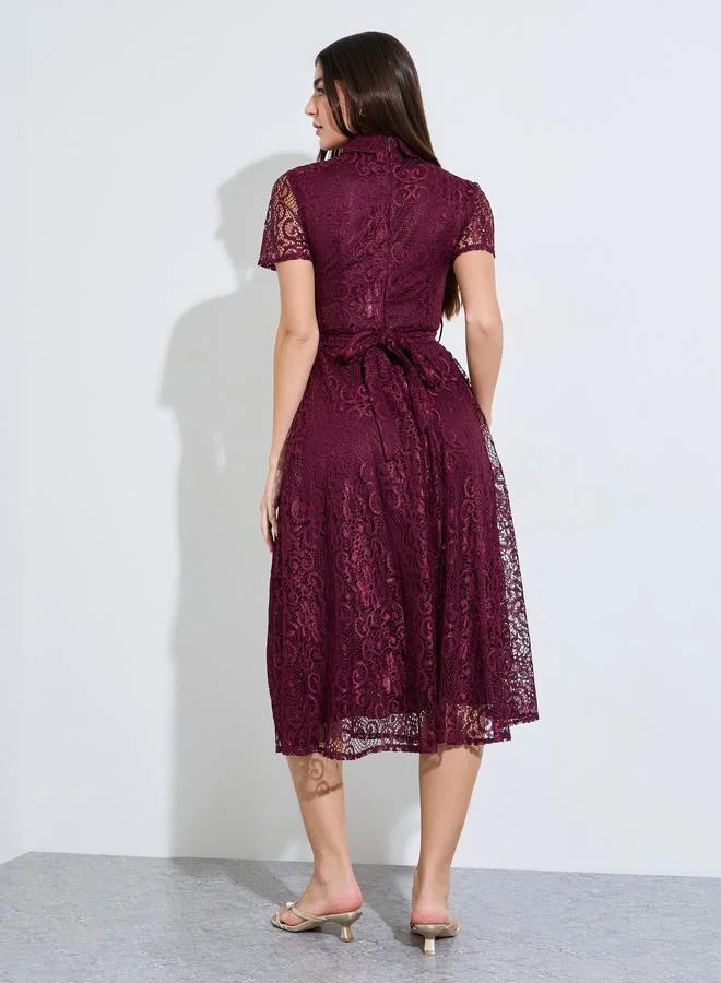 Styli burgundy Maroon Lace A-Line Midi Dress with Tie-Belt for Women | Best Price UAE