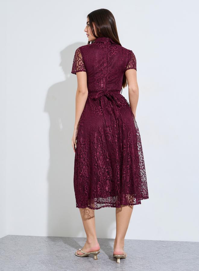 Styli Maroon Lace A-Line Midi Dress with Tie-Belt - Image 5