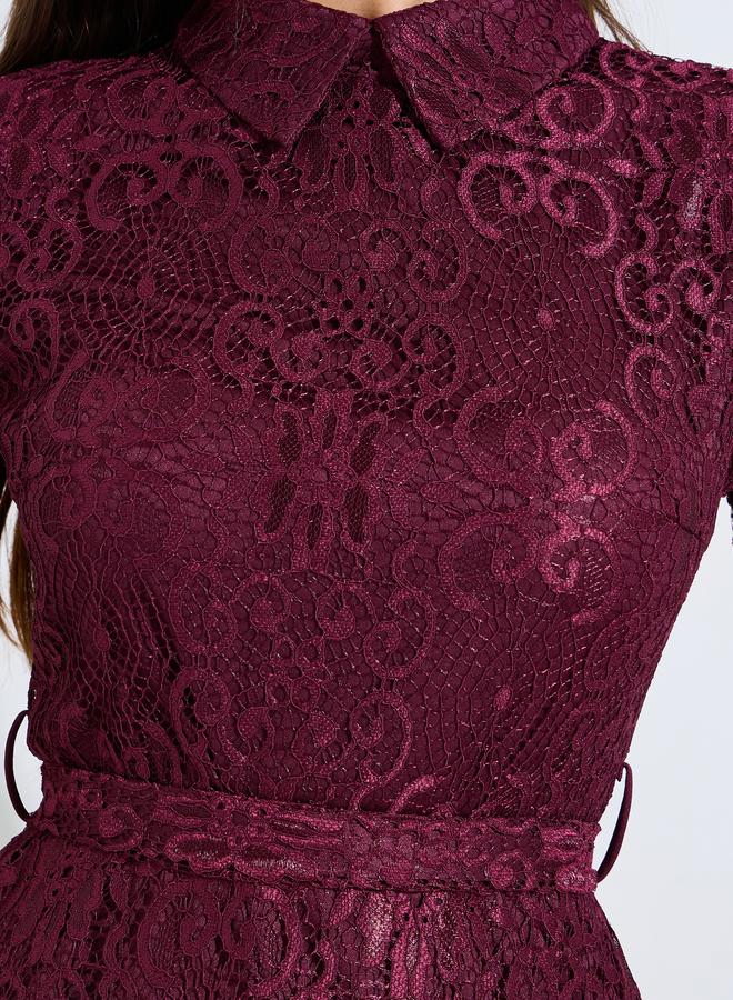 Styli Maroon Lace A-Line Midi Dress with Tie-Belt - Image 4