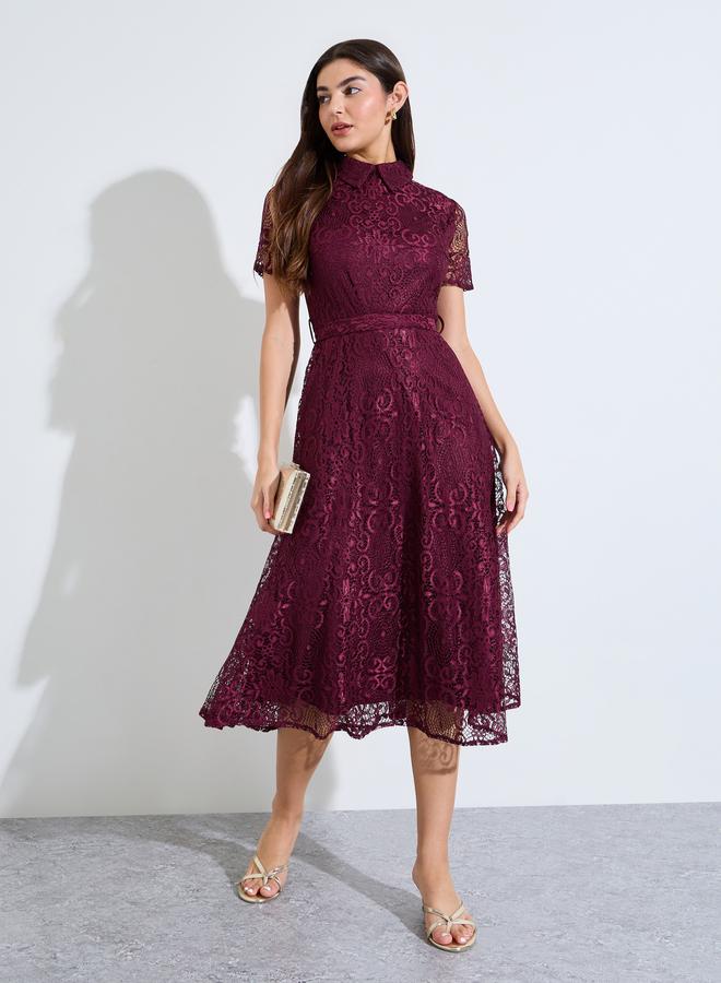 Styli Maroon Lace A-Line Midi Dress with Tie-Belt - Image 1