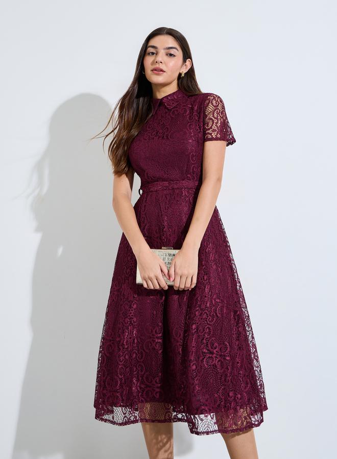 Styli Maroon Lace A-Line Midi Dress with Tie-Belt - Image 2