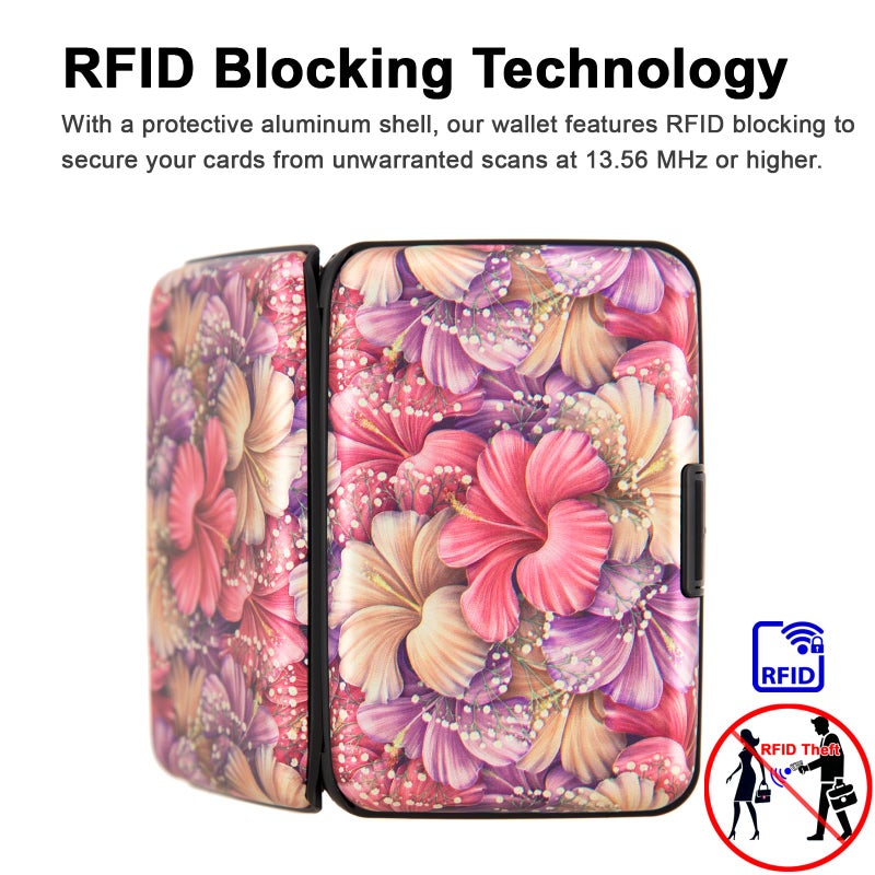 Kaabao Credit Card Holder Small RFID Blocking Wallet Business Metal Slim Mini Aluminum Hard Case for Women Men Gift (Pink Purple Tropical Hibiscus Flowers) - Image 2