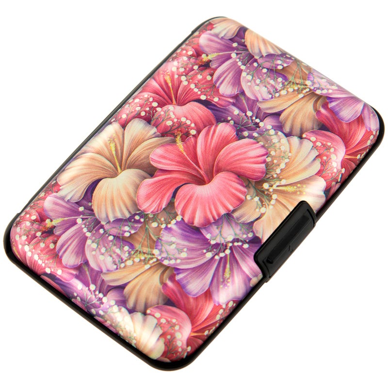 Kaabao Credit Card Holder Small RFID Blocking Wallet Business Metal Slim Mini Aluminum Hard Case for Women Men Gift (Pink Purple Tropical Hibiscus Flowers) - Image 1