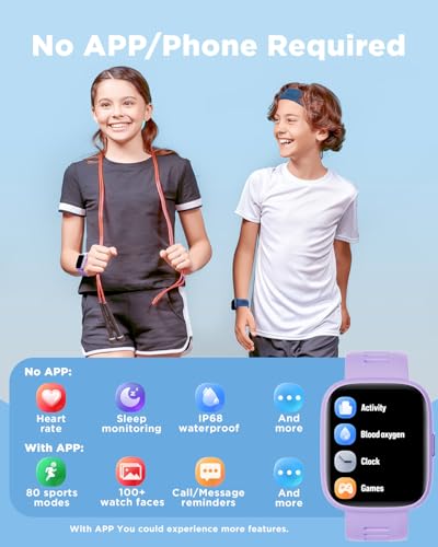 BIGGERFIVE Smart Watch for Kids, 1.8" Fitness Tracker Watch Pedometer, Heart Rate, IP68 Waterproof, Sleep Monitor, Calorie Step Counter, 5 Puzzle Games with/Without APP for Girls Teens 5-16 - Image 2