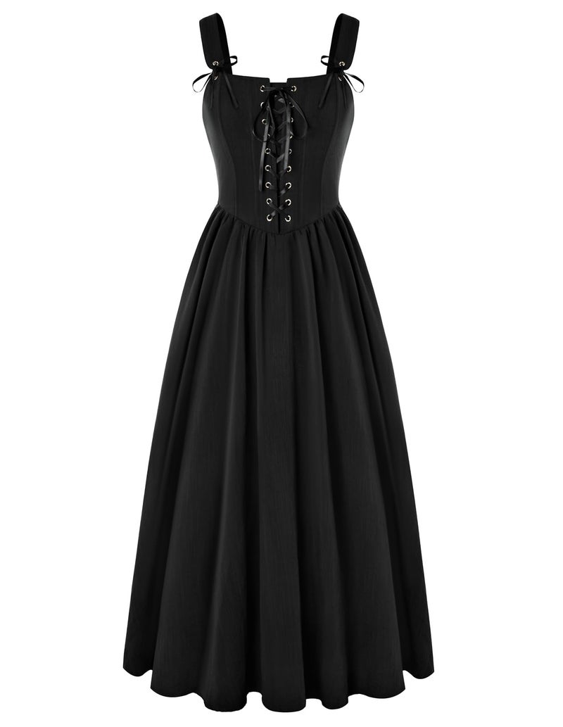 Scarlet Darkness Renaissance Costume Women Black Lace Up Fishbone Corset Dress Medieval Long Gown Black S - Image 1