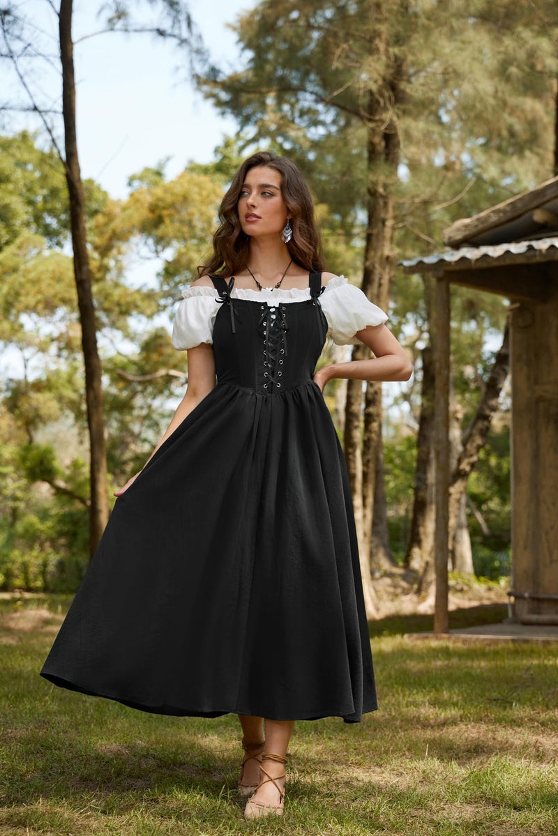 Scarlet Darkness Renaissance Costume Women Black Lace Up Fishbone Corset Dress Medieval Long Gown Black S - Image 5