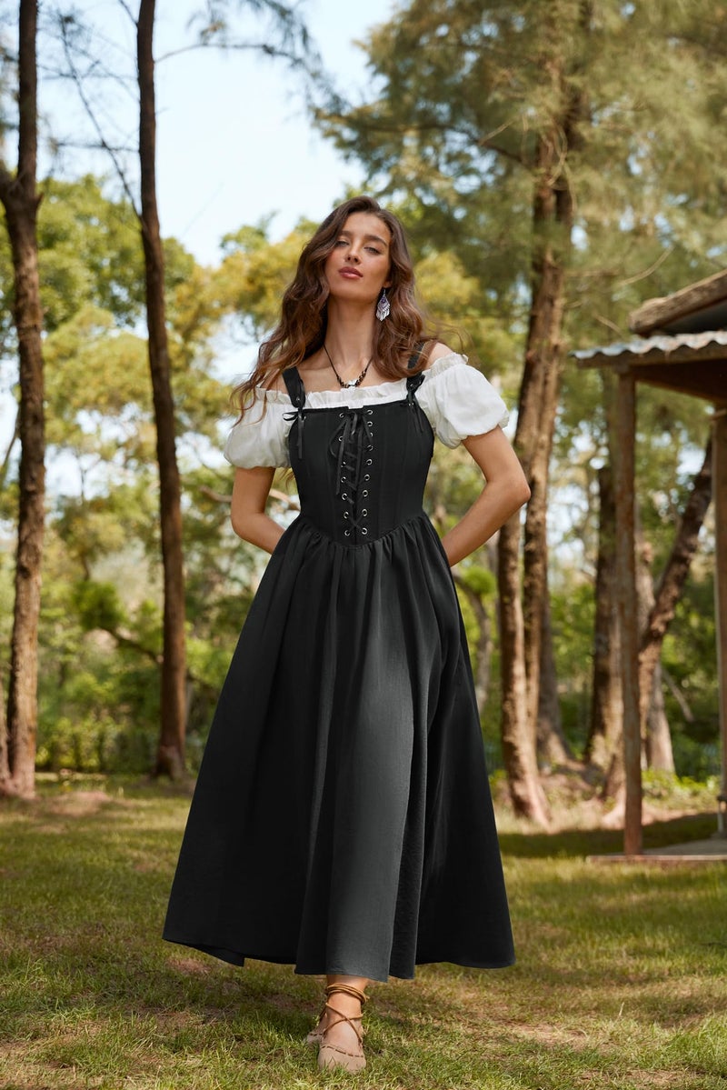 Scarlet Darkness Renaissance Costume Women Black Lace Up Fishbone Corset Dress Medieval Long Gown Black S - Image 3