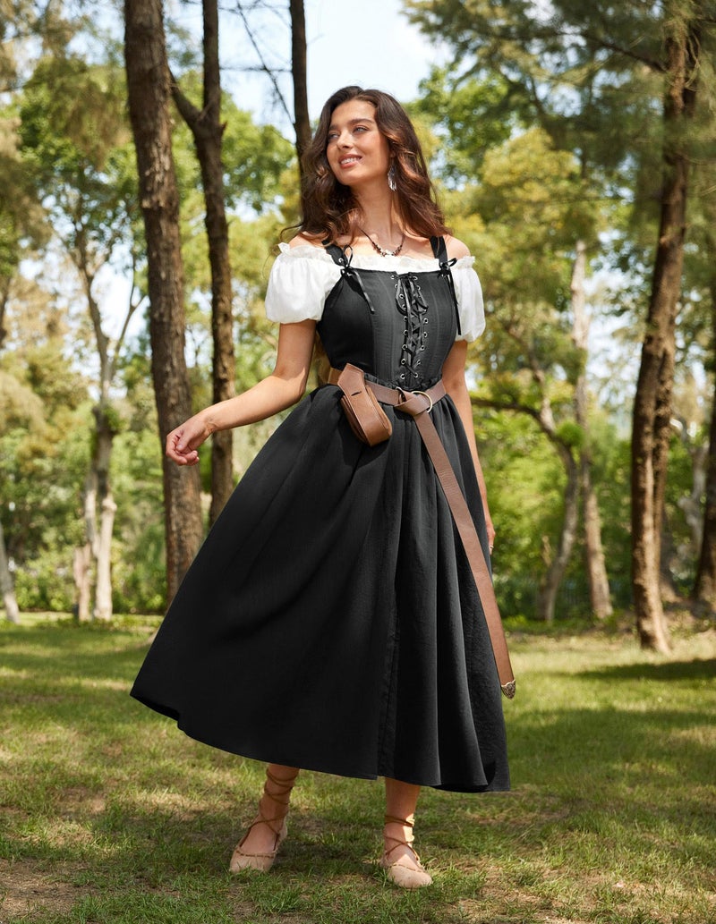 Scarlet Darkness Renaissance Costume Women Black Lace Up Fishbone Corset Dress Medieval Long Gown Black S - Image 2