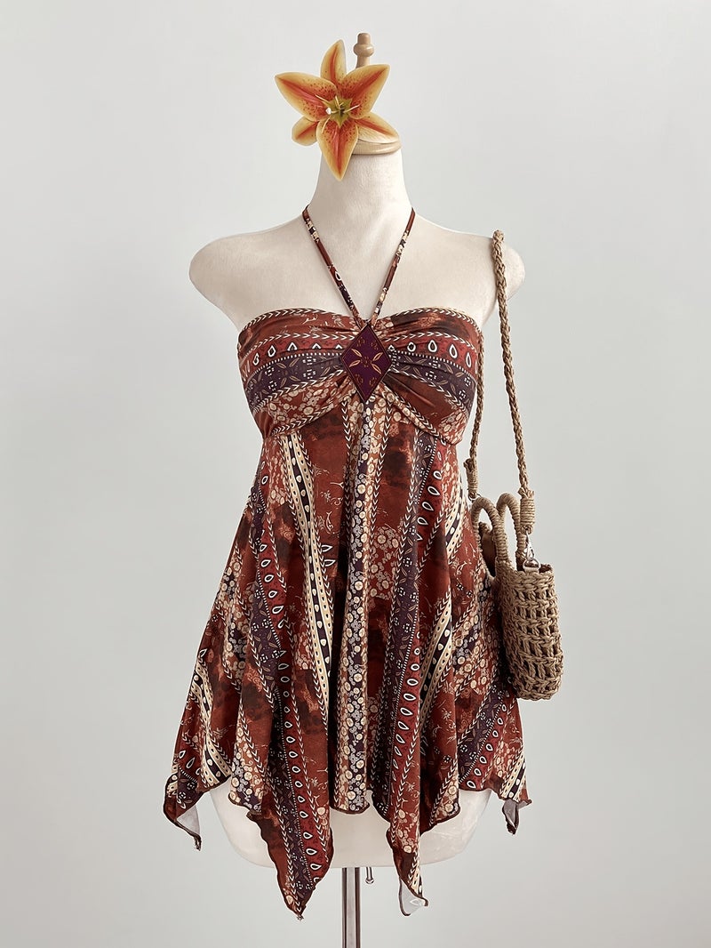 2026 Summer New Style Halter Neck Tie-Up Diamond Patch Embellished Ethnic Style Geometric Print Irregular Hip Hem Bandeau Top Design Women's Bohemian Ethnic Style Halter Neck Irregular He... - Image 2