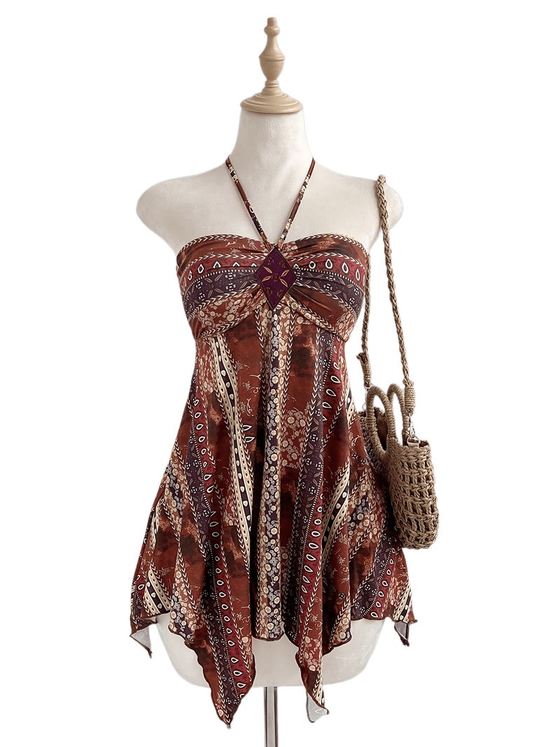 2026 Summer New Style Halter Neck Tie-Up Diamond Patch Embellished Ethnic Style Geometric Print Irregular Hip Hem Bandeau Top Design Women's Bohemian Ethnic Style Halter Neck Irregular He... - Image 1