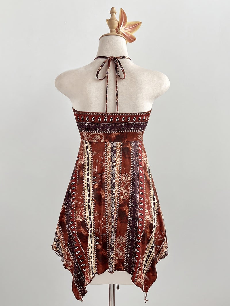 2026 Summer New Style Halter Neck Tie-Up Diamond Patch Embellished Ethnic Style Geometric Print Irregular Hip Hem Bandeau Top Design Women's Bohemian Ethnic Style Halter Neck Irregular He... - Image 3