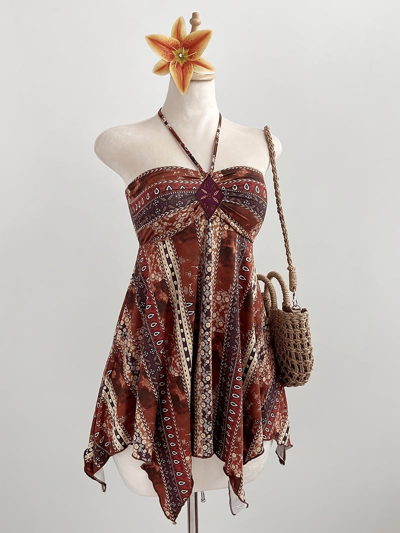 2026 Summer New Style Halter Neck Tie-Up Diamond Patch Embellished Ethnic Style Geometric Print Irregular Hip Hem Bandeau Top Design Women's Bohemian Ethnic Style Halter Neck Irregular He... - Image 4