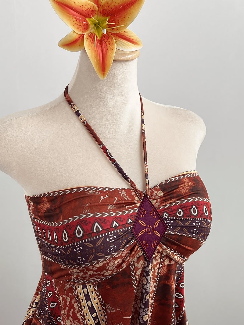 2026 Summer New Style Halter Neck Tie-Up Diamond Patch Embellished Ethnic Style Geometric Print Irregular Hip Hem Bandeau Top Design Women's Bohemian Ethnic Style Halter Neck Irregular He... - Image 5