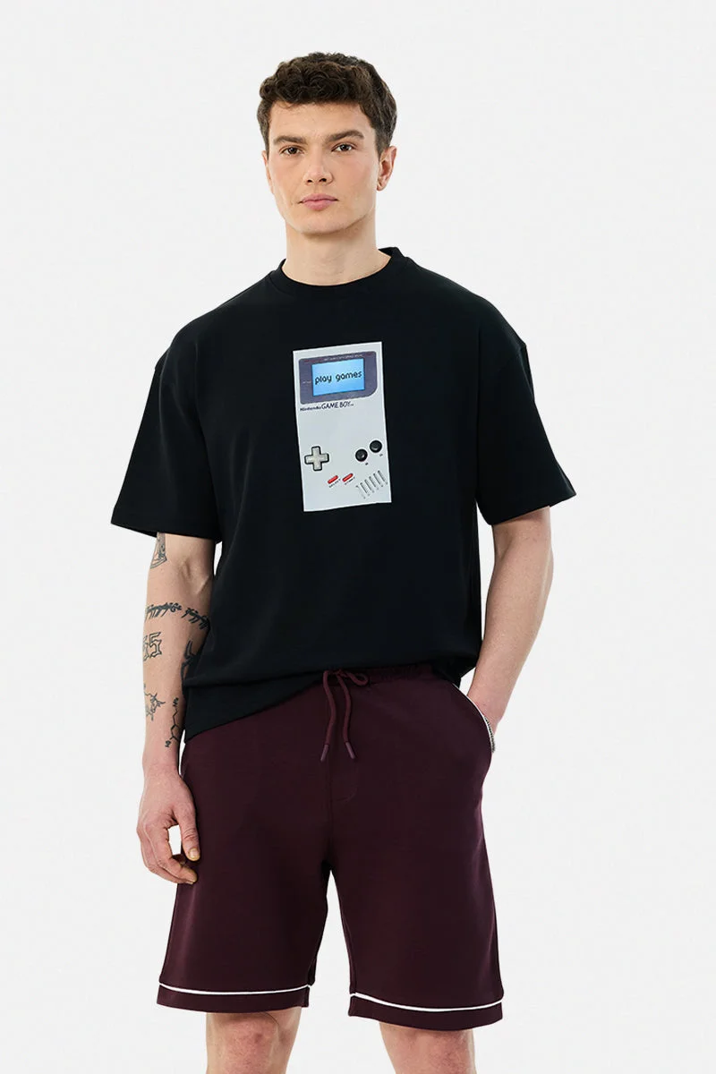 سنيتش Black Graphic Half Sleeve Oversized Streetwear T-Shirt