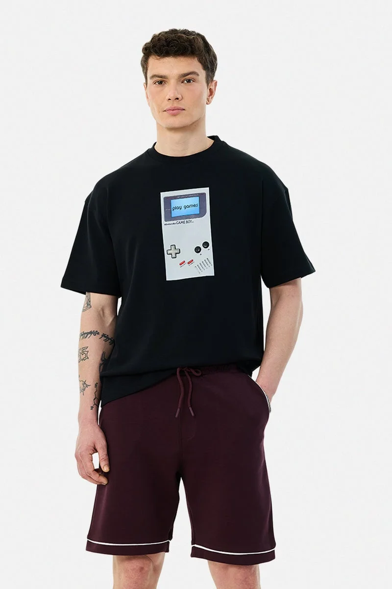 سنيتش Black Graphic Half Sleeve Oversized Streetwear T-Shirt