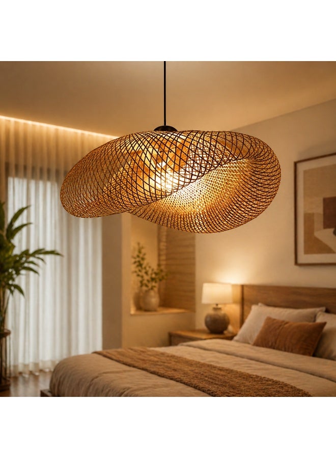 Wood Pendant Light 60cm Bamboo Rattan Hanging Lamp with E27 LED Bulb, Vintage Wavy Ceiling Light for Living Room, Bedroom, Restaurant & Home Decor - Image 1