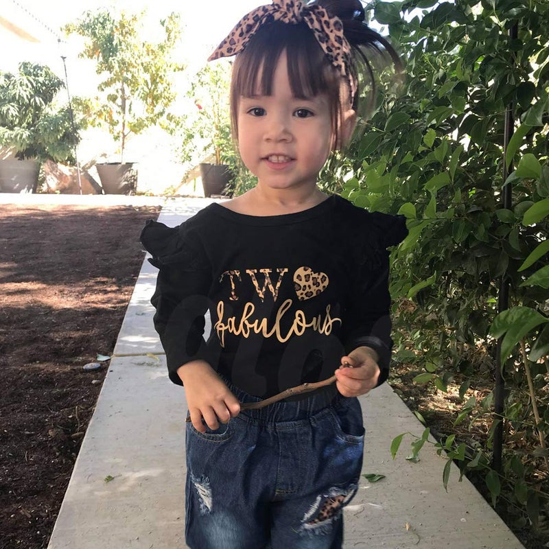 Shalofer Toddler Girl 2nd Birthday Outfit Second Birthday Outfit Girl Leopard Jeans Clothes(Black01,2 T) - Image 2