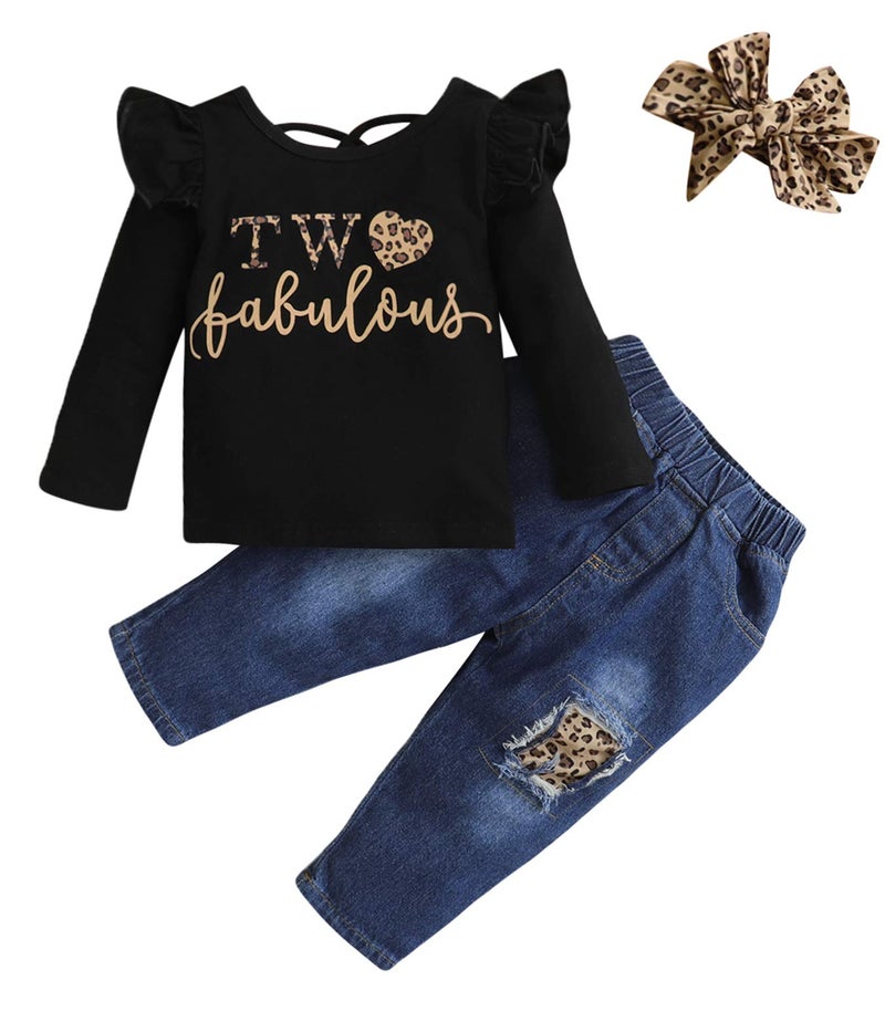 Shalofer Toddler Girl 2nd Birthday Outfit Second Birthday Outfit Girl Leopard Jeans Clothes(Black01,2 T) - Image 1