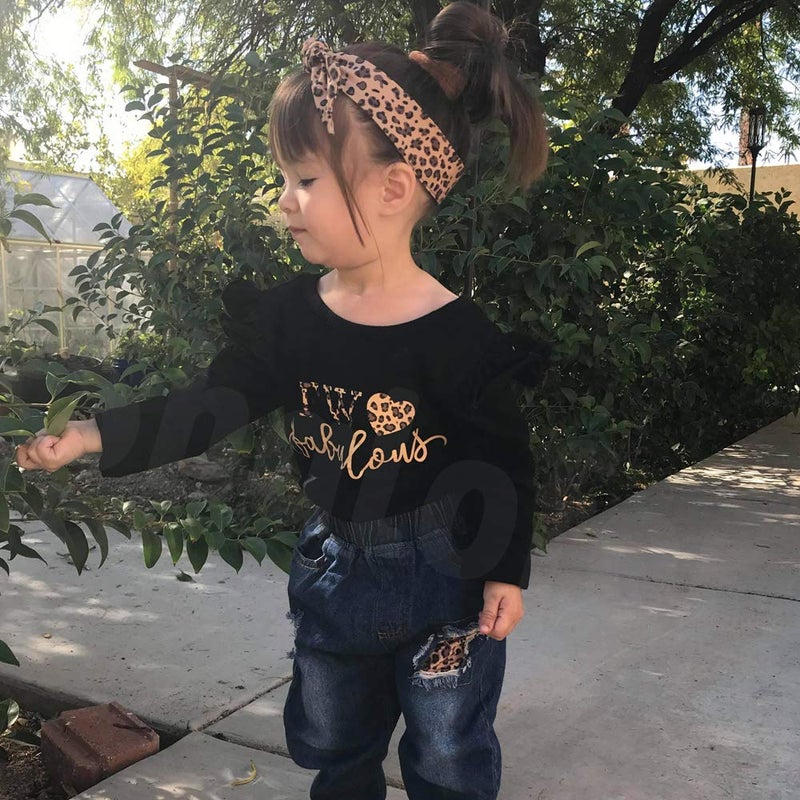 Shalofer Toddler Girl 2nd Birthday Outfit Second Birthday Outfit Girl Leopard Jeans Clothes(Black01,2 T) - Image 3