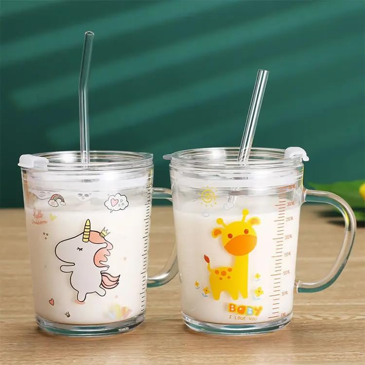 ZROY ENTERPRISE Random Design Glass | Pack of 2 | 400ml | Measuring Milk Cup with Silicone Straw and Lid Handle Tumbler for Girls & Boys & Adults (2, Kid) - Image 1