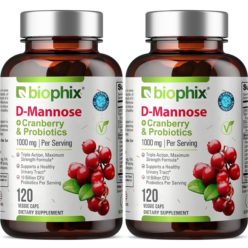 biophix DMannose 1000mg Capsules with Cranberry Probiotics D Mannose Supplements for Women DMannose Pills for Urinary Tract Bladder Health Support Digestive WellBeing 120 Vcaps 2 Pack - Image 3