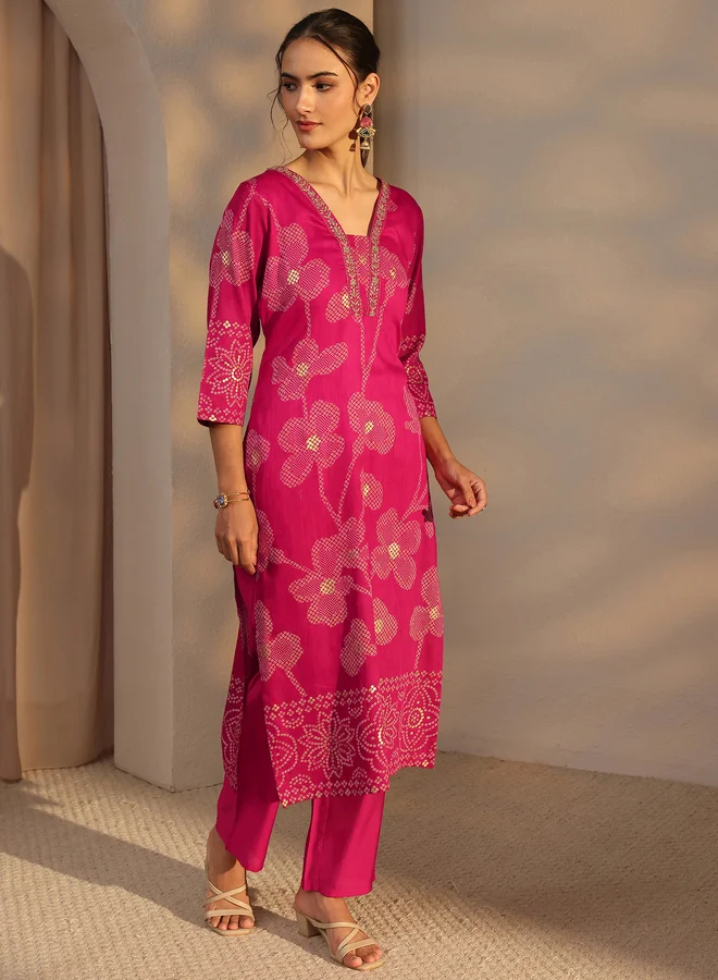 Libas  Pink Floral Cotton Straight-Fit Kurta for Women | Best Price UAE