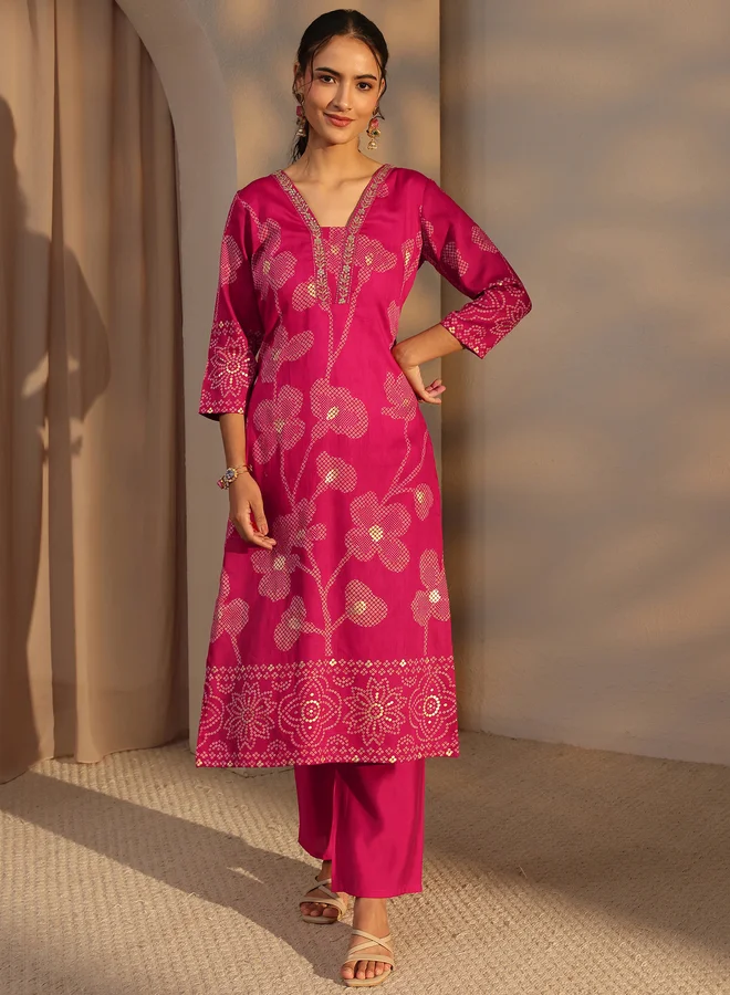 Libas Pink Floral Cotton Straight-Fit Kurta