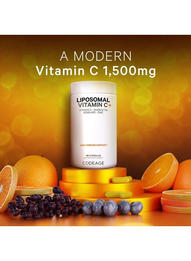 Codeage Liposomal Vitamin C 1500mg with Zinc, Elderberry, Citrus Bioflavonoids Grapefruit, Lemon, Orange Powder, Quercetin & Rose Hips Fruit – Vegan Supplement - Non-GMO, Vegan Pills, 180 Capsules - Image 3