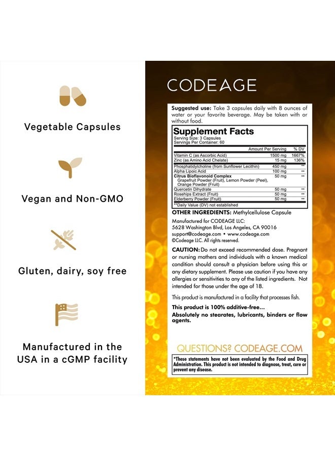Codeage Liposomal Vitamin C 1500mg with Zinc, Elderberry, Citrus Bioflavonoids Grapefruit, Lemon, Orange Powder, Quercetin & Rose Hips Fruit – Vegan Supplement - Non-GMO, Vegan Pills, 180 Capsules - Image 2