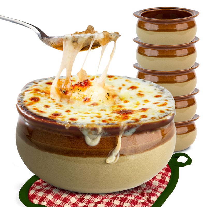Stock Your Home Stock Your Home French Onion Soup Crocks 6 Count  12 Ounce Oven Safe TwoToned Brown  Ivory Ceramic Porcelain Soup Bowls 