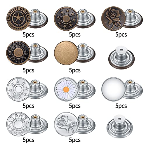 HexinYigjly 50 Pcs Jean Buttons Replacement Kit, 17mm Metal Snap Denim Buttons for Pants, Jeans & Suspenders, 10 Styles - Image 3