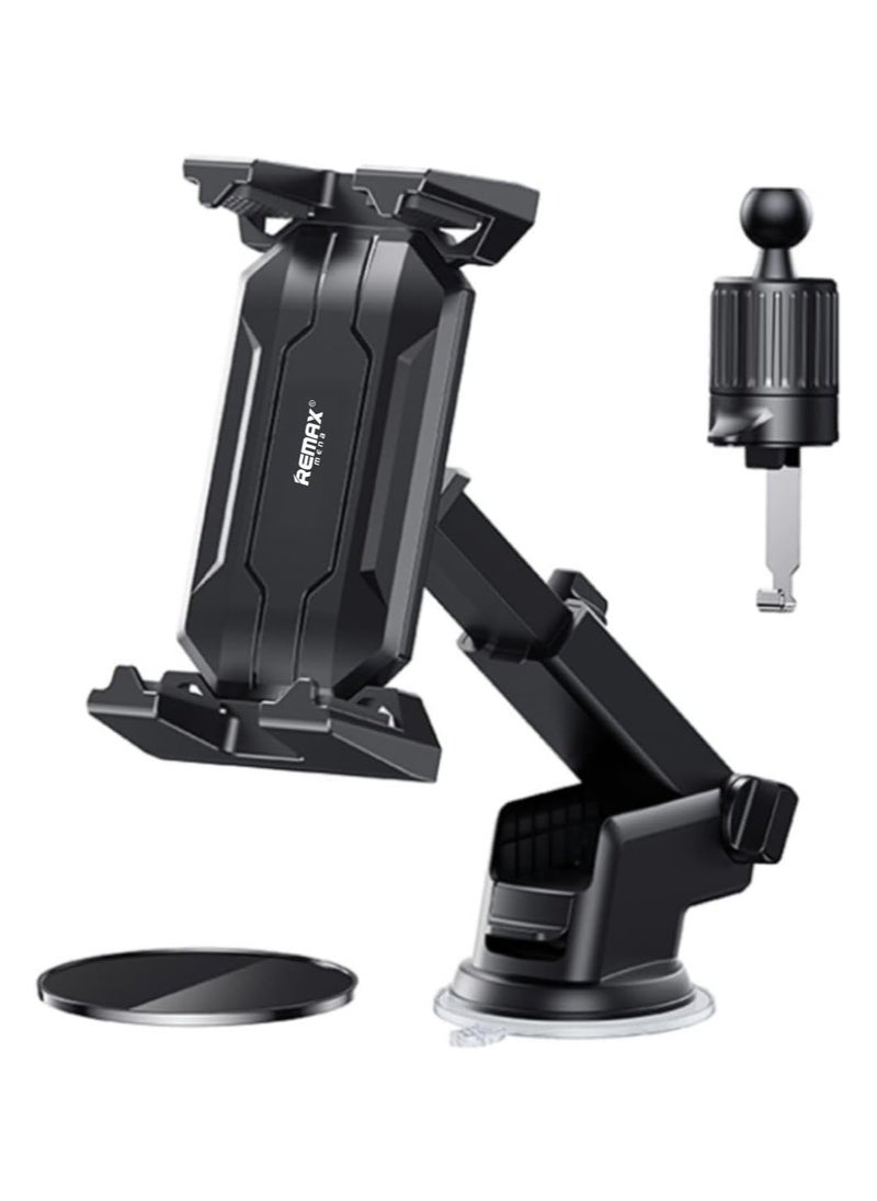 Remax Mena 4-in-1 Car Phone Holder, 360° Rotating Mount, Universal for 4.7-7.2 Inch Phones, Mirror or Console Mounted & Tablet Holder Hands Auto Accessories Flexible Phone Mount (Black)  - Image 1