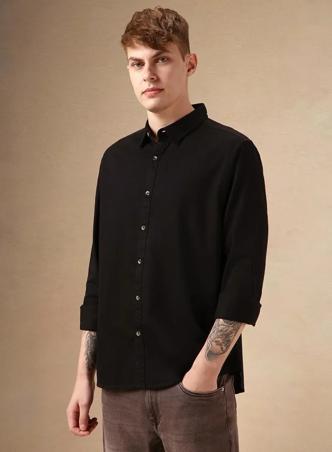 دينيس لينغو Men's Regular Fit Black Cotton Blend Shirt