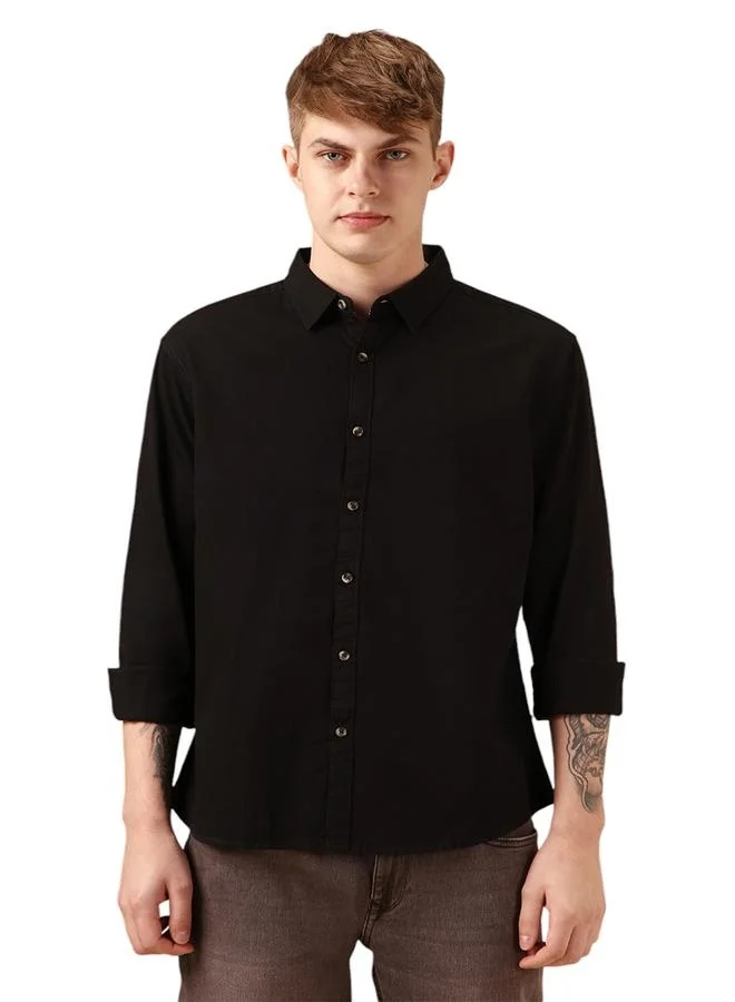 دينيس لينغو Men's Regular Fit Black Cotton Blend Shirt