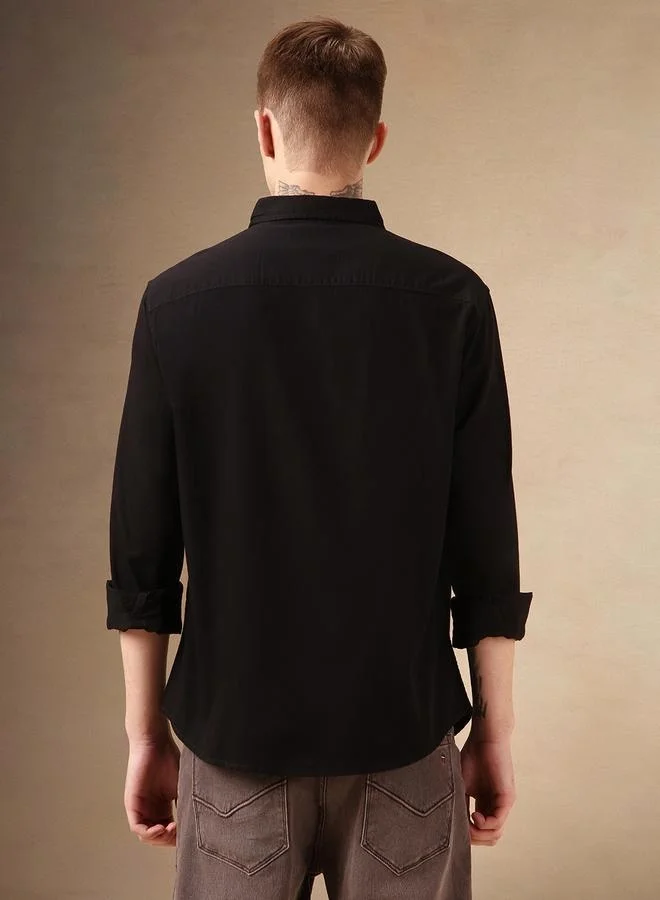 دينيس لينغو Men's Regular Fit Black Cotton Blend Shirt