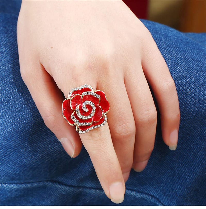 Dtja CZ Rose Flower Promise Ring for Women Statement Diamond Crystal 3D Enamel Flowers Adjustable Open Wrap Finger Rings Comfort Fit Vintage Elegant Wedding Christmas Valentine Jewelry Gift (Red) - Image 4