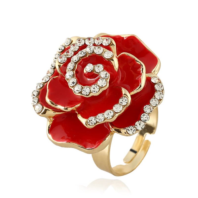 Dtja CZ Rose Flower Promise Ring for Women Statement Diamond Crystal 3D Enamel Flowers Adjustable Open Wrap Finger Rings Comfort Fit Vintage Elegant Wedding Christmas Valentine Jewelry Gift (Red) - Image 1