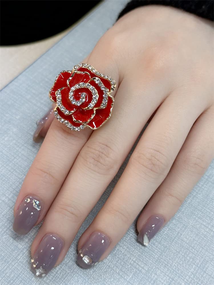 Dtja CZ Rose Flower Promise Ring for Women Statement Diamond Crystal 3D Enamel Flowers Adjustable Open Wrap Finger Rings Comfort Fit Vintage Elegant Wedding Christmas Valentine Jewelry Gift (Red) - Image 2