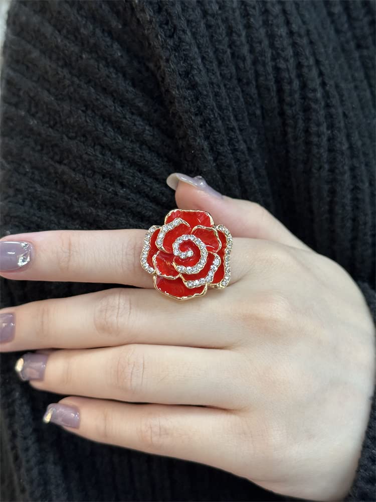Dtja CZ Rose Flower Promise Ring for Women Statement Diamond Crystal 3D Enamel Flowers Adjustable Open Wrap Finger Rings Comfort Fit Vintage Elegant Wedding Christmas Valentine Jewelry Gift (Red) - Image 3