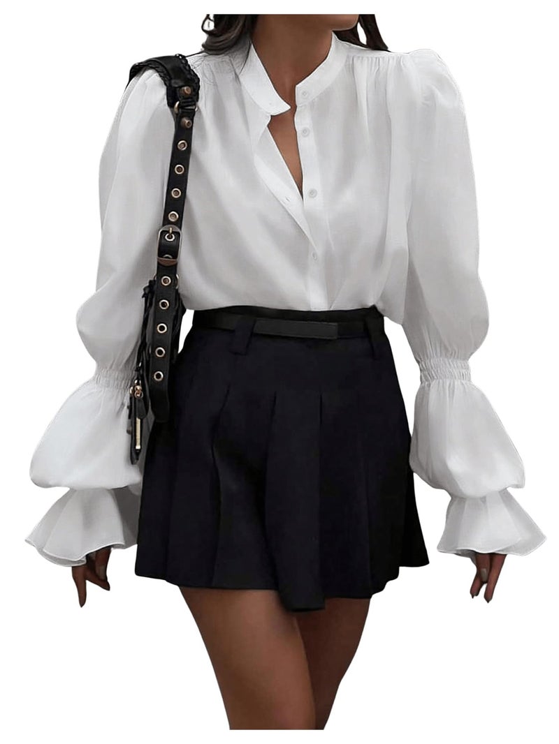 SweatyRocks Women's Puff Sleeve Button Down Shirt Vintage Loose Fit Blouse Dressy Casual Tops White Large - Image 1